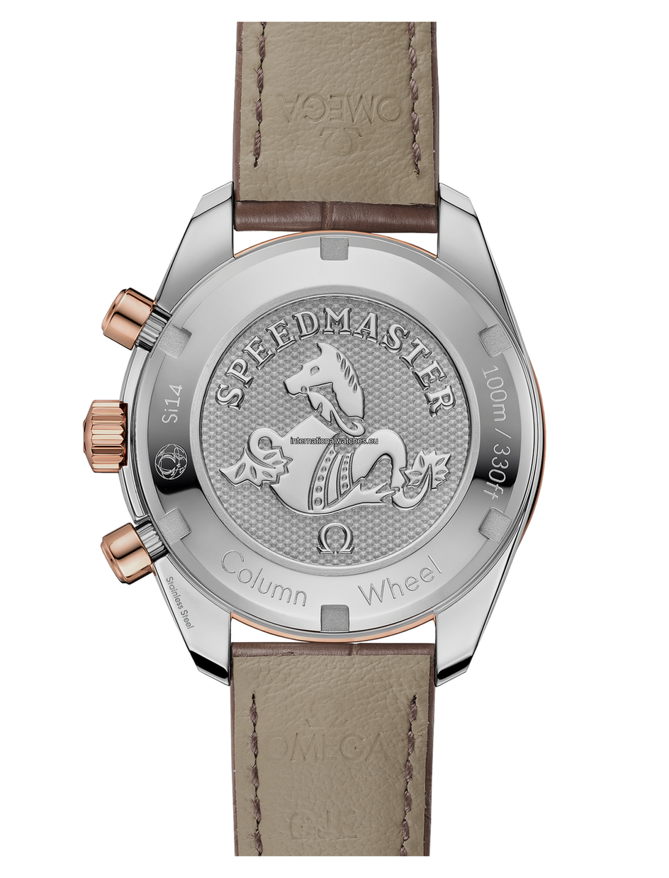 Speedmaster 38 38 mm, steel - Sedna™ gold on leather strap - 324.28.38.50.02.002