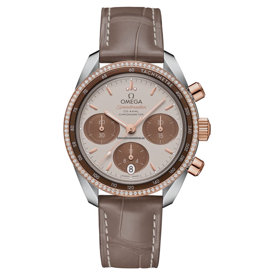 Speedmaster 38 38 mm, steel - Sedna™ gold on leather strap - 324.28.38.50.02.002